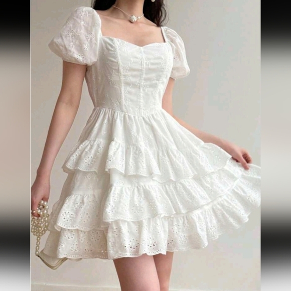 Romantic Embroidery Ruffle Hem Women Mini Dress, White Dress For Graduation - Picture 3 of 4